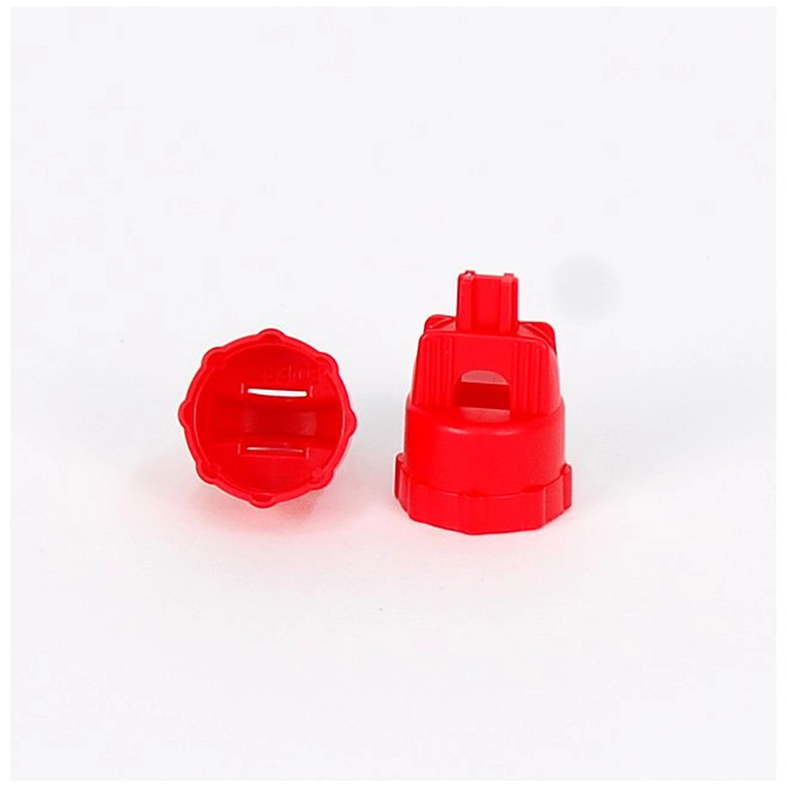 Red plastic tyre wrenches for Bruder play vehicles, one upright and one laying down, on a plain background.