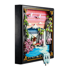 LEGO Art Japanese Cherry Blossom Landscape set showcases a colorful three-dimensional scene with mountains, water, and trees.
