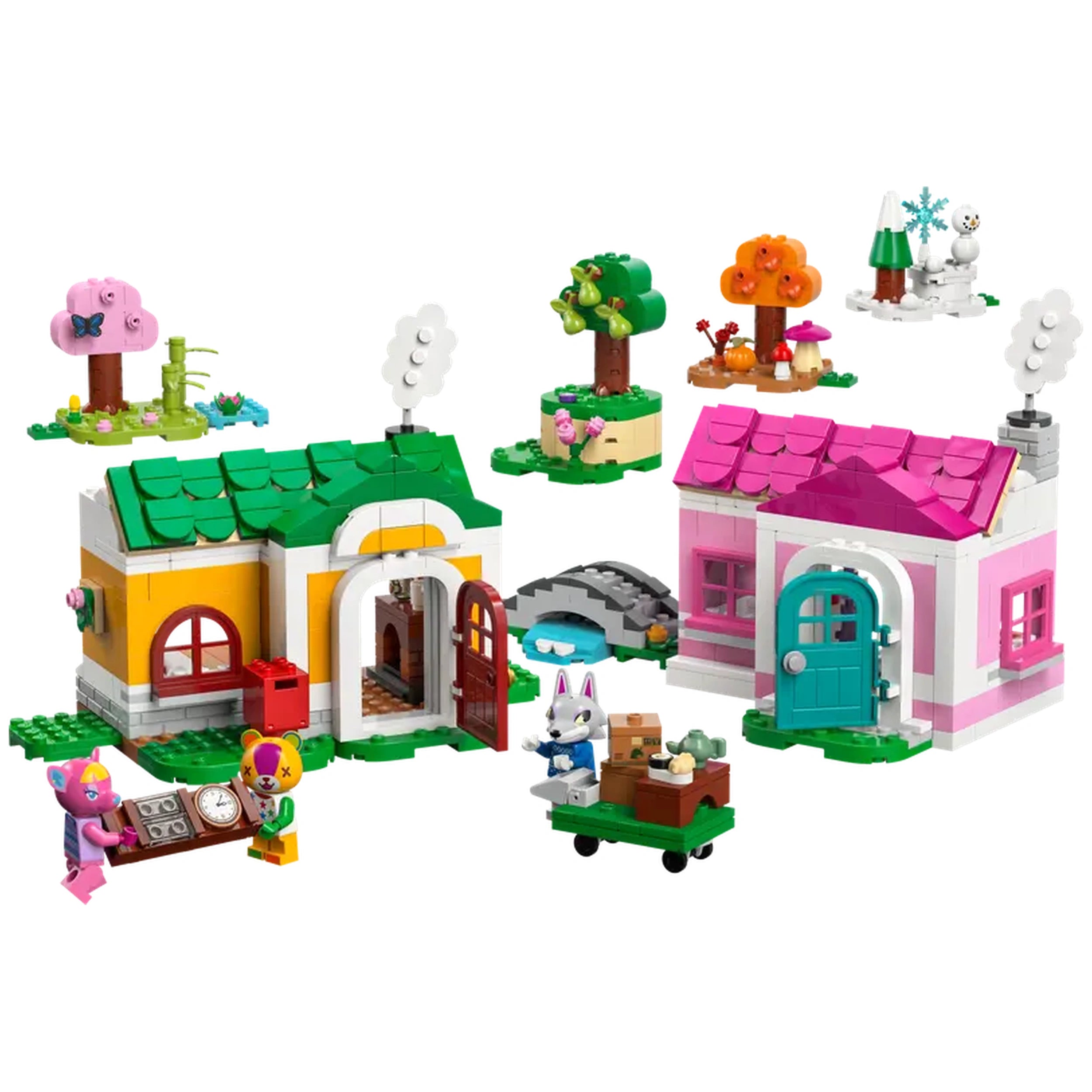 Colorful LEGO construction set featuring two charming houses, one yellow with green roof and one pink, surrounded by seasonal accessories like trees and small characters, perfect for imaginative play.