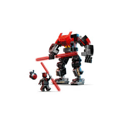 LEGO Darth Maul Mech action figure set featuring a large black and red mech holding a red Lightsaber next to a Darth Maul minifigure.