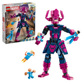 Fantastic Four VS Galactus construction set featuring a large Galactus figure in pink and purple, surrounded by four minifigures: Mr. Fantastic, Human Torch, Invisible Woman, and The Thing. The set includes dynamic elements like flame effects and force shields, with the colorful box in the background showcasing the characters and age recommendation of 9+.