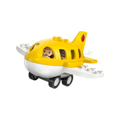 Bright yellow airplane toy with a white underside, featuring smiling child figures in the cockpit. Designed for imaginative play.