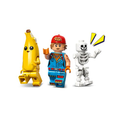 LEGO Fortnite figures: a smiling banana character, a boy with a red cap and blue outfit holding a drink, and a playful skeleton figure with comic-style exclamations.
