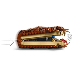 LEGO Harry Potter Chomping Monster Book of Monsters set, featuring a detailed brick-built monster book with a furry, brown cover and sharp claws, partially open, showcasing its interactive design.