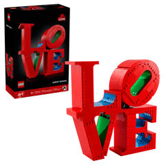LEGO Art LOVE (31214) construction set featuring a vibrant red sculpture spelling "LOVE" with green and blue accents, alongside the box displaying the artwork's title and artist.