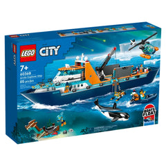 LEGO City Arctic Explorer Ship construction set featuring a blue and orange exploration ship, helicopter, and submarine, with various minifigures, including an orca and divers, against a vibrant ocean backdrop.