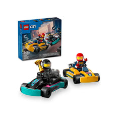 Two colorful LEGO go-karts—one black with turquoise accents and the other orange—each featuring a driver minifigure, alongside a vibrant packaging design showcasing a racing scene.