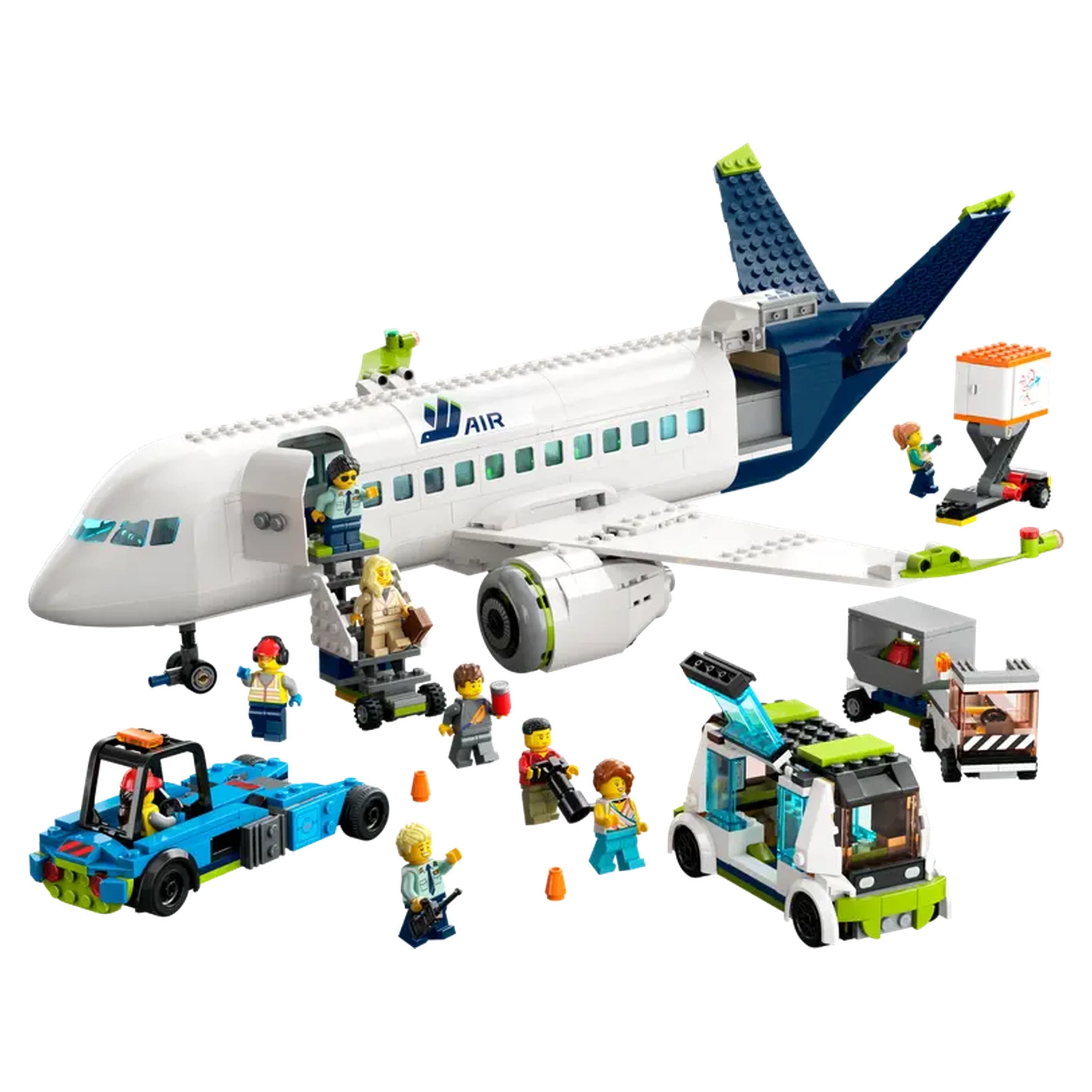 LEGO® City Passenger Airplane construction set featuring a detailed model aircraft, minifigures, and ground service vehicles.