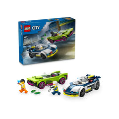 LEGO® City Police Car and Muscle Car Chase set, featuring a sleek police car and a vibrant green muscle car, accompanied by two minifigures—one police officer and one crook. The colorful scene showcases action-packed play with accessories like a wrench and gems.