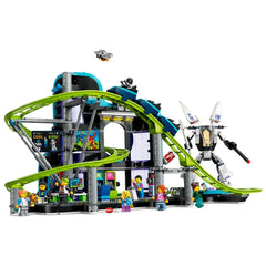 Colorful LEGO® City Robot World Roller-Coaster Park set featuring a roller-coaster track, mech suit, and playful mini-figures engaging in various arcade activities.