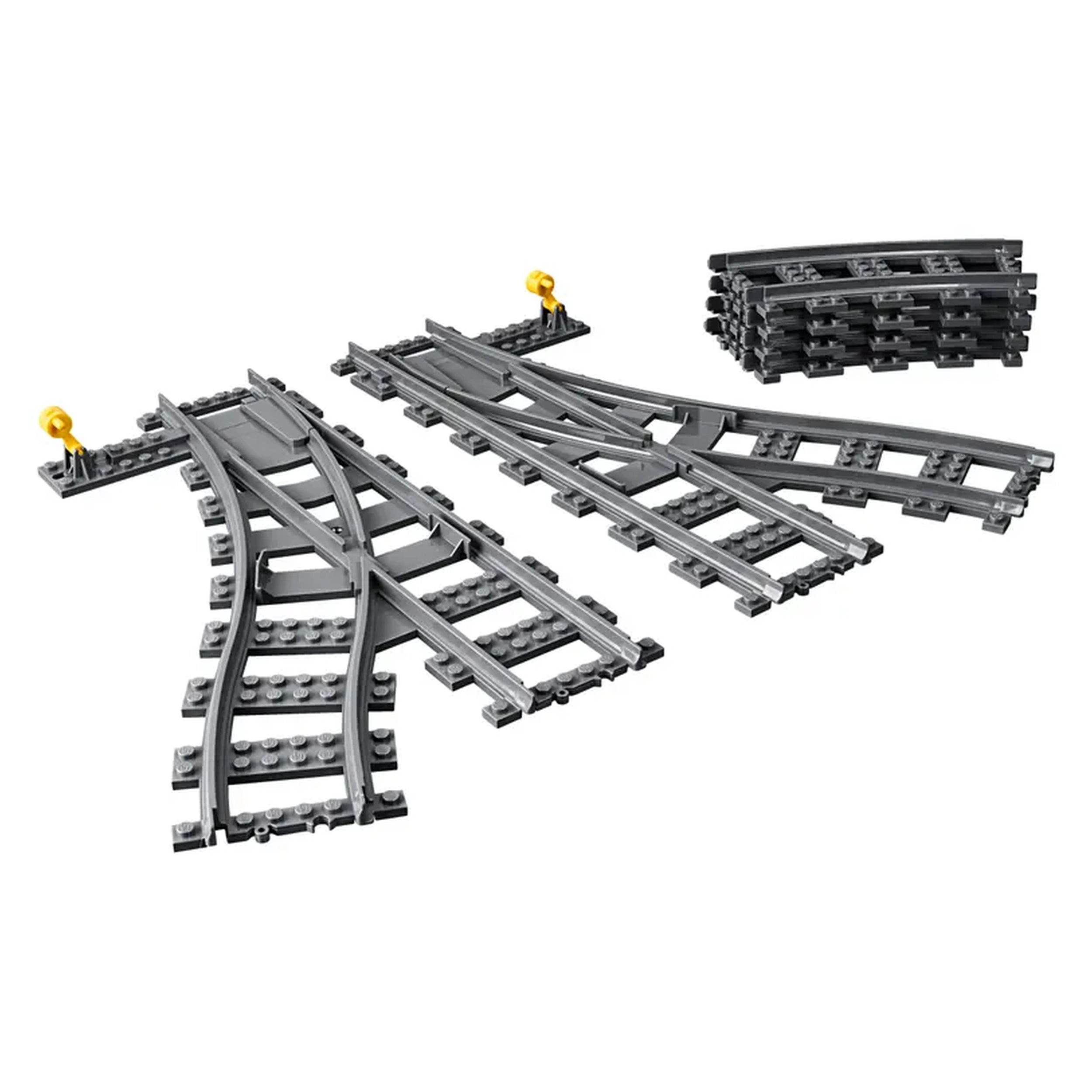 LEGO® City Switch Tracks set featuring four curved tracks and one left and right switch track in gray, designed for expanding train layouts.