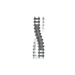 Curved LEGO train tracks arranged in a flexible layout, featuring gray and black colors with connectors for easy assembly.