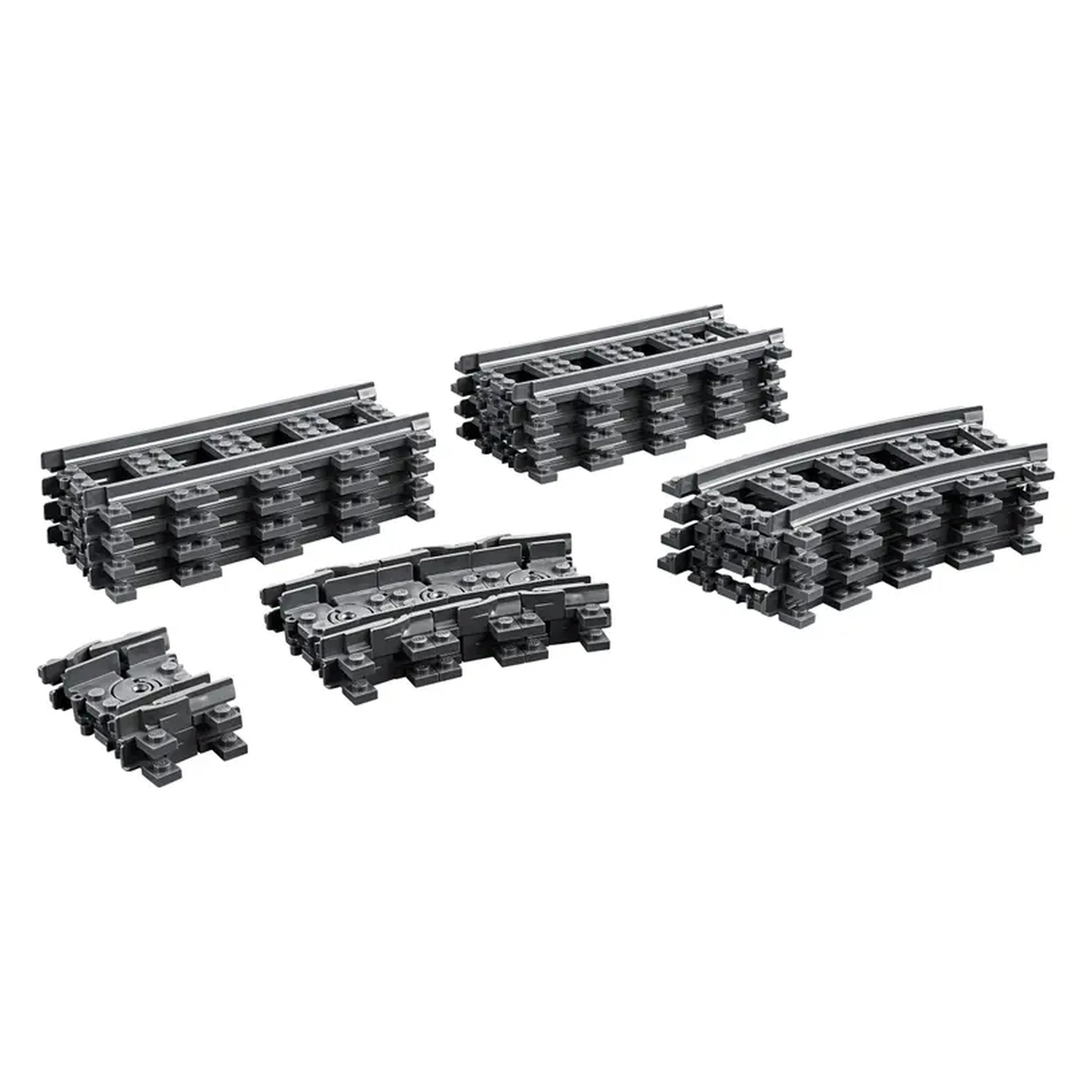 Set of LEGO® train tracks including 8 straight, 4 curved, and 8 flexible pieces, in assorted gray tones, ready for building.