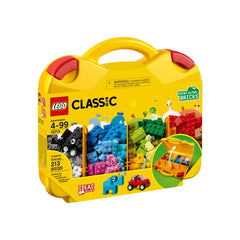 LEGO Classic Creative Suitcase featuring a vibrant yellow case, showcasing colorful building bricks in sections, ideal for imaginative play.