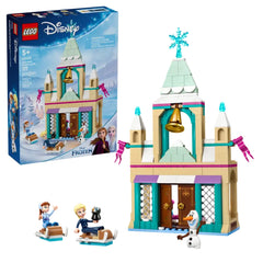 LEGO Disney Frozen Arendelle Castle set featuring a bell tower, detailed facade, Elsa and Anna mini-dolls, and Olaf figure.