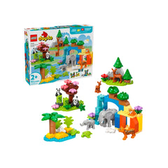 LEGO® DUPLO® 3in1 Wild Animal Families set featuring a vibrant savannah with various animals, including elephants, tigers, and pandas, along with trees and colorful blocks.