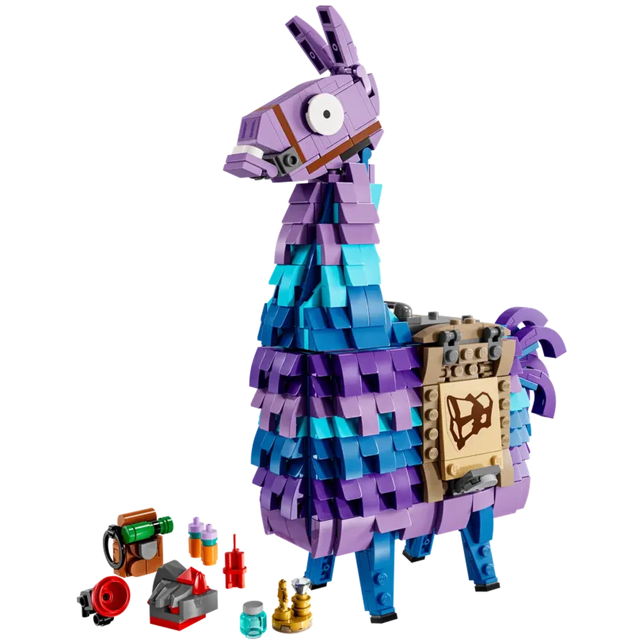 Colorful LEGO Fortnite Supply Llama figure with movable head, surrounded by various game-inspired accessories, including weapons and potions.