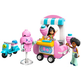 LEGO Friends Cotton Candy Stand featuring two minidolls, a pink food cart with cotton candy, and a blue scooter.