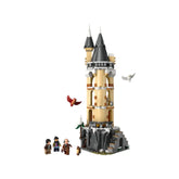LEGO Harry Potter Hogwarts Castle Owlery set featuring a detailed tower with black spires, miniature figures, and flying owls.