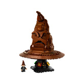 Lego Harry Potter Talking Sorting Hat construction set, featuring a detailed brown hat with facial expressions and a mini figure beside it.