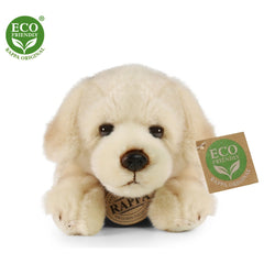 Plush golden Labrador teddy bear with dark eyes and a soft beige fur, centered against a light background, labeled eco-friend