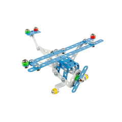 Blue and silver airplane model made from metal plates and screws with colorful plastic accents.