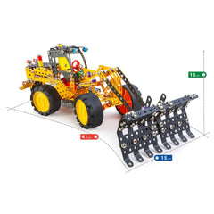 Yellow construction vehicle with black wheels and metal parts from Alexander Constructor Pro Metal Scratch set, 41cm long.