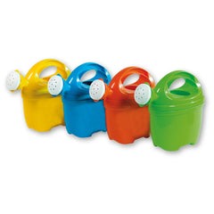 Yellow, blue, orange, and green 17 cm watering cans by Androni, aligned in a row.