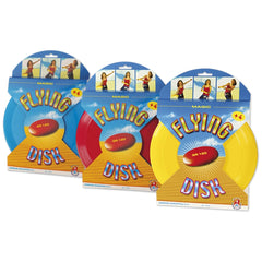 Three colorful frisbees in packaging: blue, red, yellow with "Flying Disk" text; ideal for beach and park play.