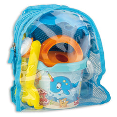 Transparent blue backpack with Androni sand toys, featuring a Happy Fish design, bucket, and shovel inside.