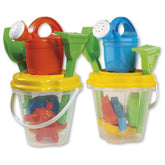 Two Androni beach toy sets with yellow lidded buckets, colorful molds, green tools, and red and blue watering cans.