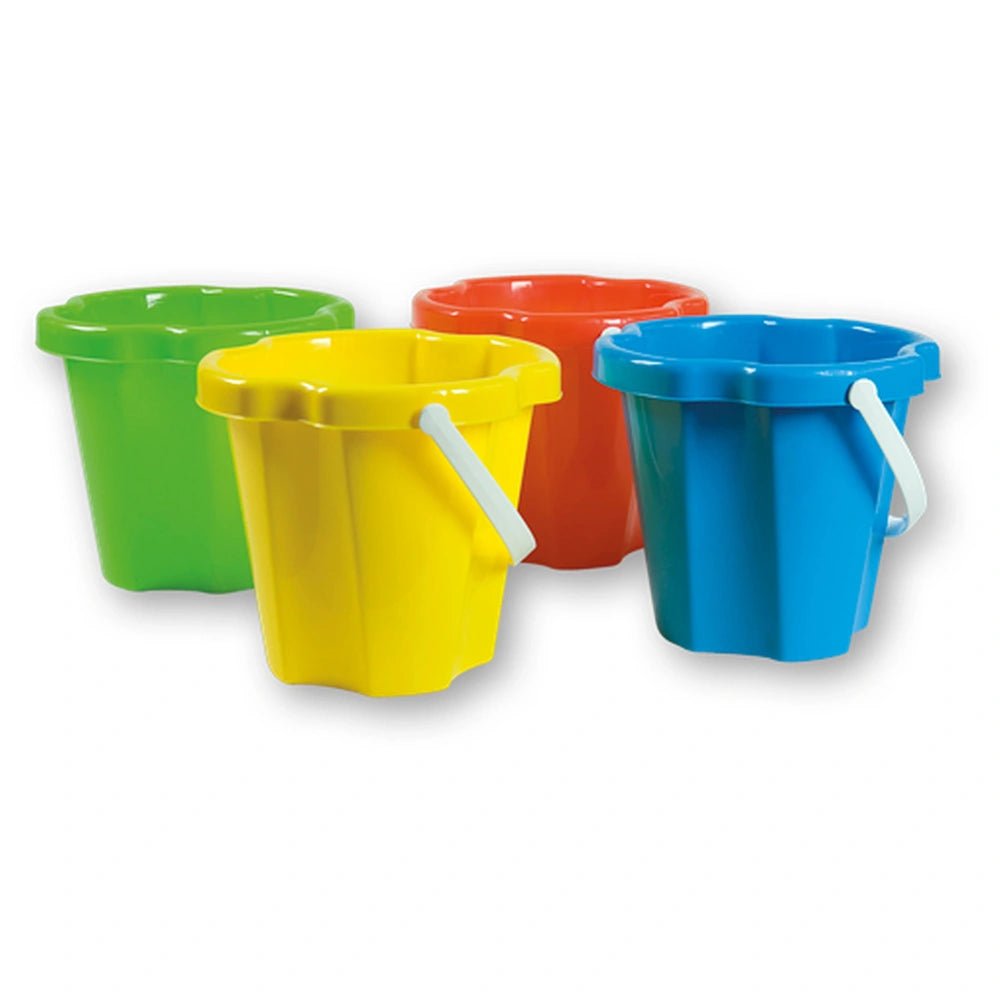 Four colorful beach buckets in yellow, azure, orange, and green with white handles, ideal for sand play.