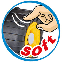 Hand pressing soft black tire with yellow center, labeled "soft" in red text.