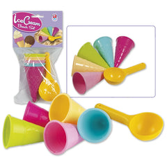 Colorful plastic ice cream cones and a yellow scoop set, ideal for beach play.