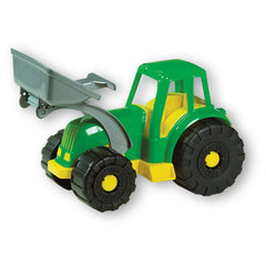 Green and yellow toy tractor with a functional grey shovel and large black wheels, suitable for imaginative play.