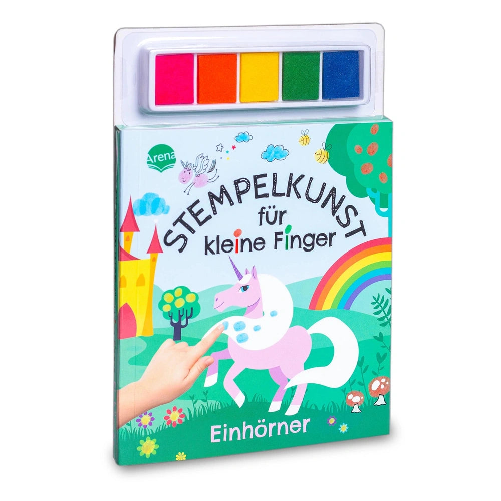 ARENA Finger Stamping Art Set features a childrens book with colorful illustrations and four themed stamps for creative play.