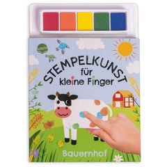 ARENA Finger Stamping Fun book features vibrant farm illustrations and colorful stamps, designed for young childrens creative