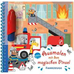 ARENA Magic Paintbrush Coloring Book cover featuring colorful firefighting scene with characters and a burning building.