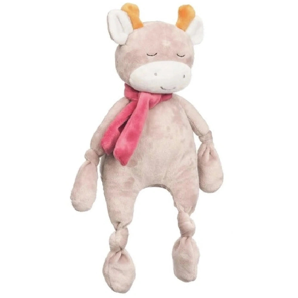 Soft, plush cow rattle with floppy ears, orange horns, and pink scarf, designed for infants.