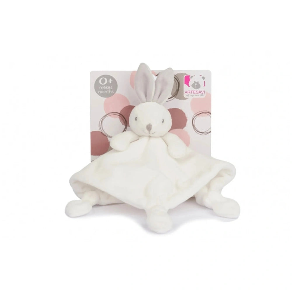 Beige rabbit baby comforter with soft ears on pink patterned background, ideal for newborns.