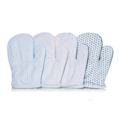 Light blue, pink, and green Artesavi anti-colic gloves with star patterns in a row.