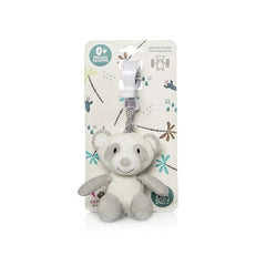Gray and white Artesavi Panda Rattle Plush with a clip, suitable for newborns, displayed on decorative packaging.