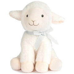 Soft white lamb plush with a sweet expression, sitting upright, wearing a light gray ribbon.
