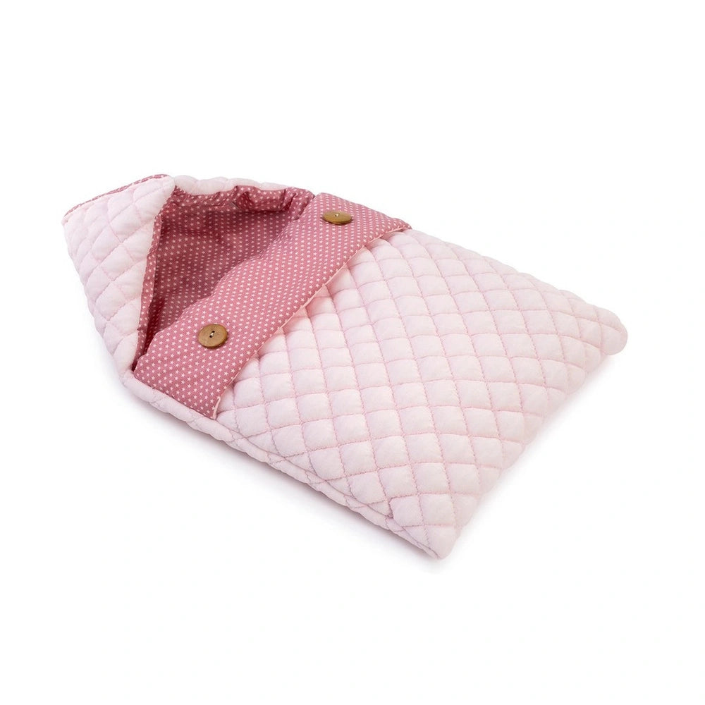 Quilted pink sleeping bag with white stars for 42-46 cm dolls, wooden buttons, and polka dot lining from ASI Dolls.