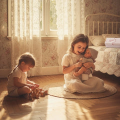 Asi Dolls Gordi Baby Outfit: Young girl smiles while holding a doll in a cozy, vintage-style room with family.