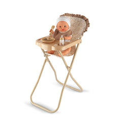 ASI Dolls High Chair with Tray and Bib for Dolls featuring a baby doll seated with a beige and brown high chair.