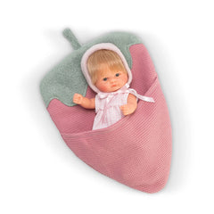 ASI Dolls - Bonboncin Strawberry Doll in a pink chili pepper pouch, featuring blonde hair and a pink dress with a white bow.