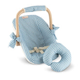 ASI Dolls Maxi Cosi stroller in blue and white checkered pattern with canopy and neck cushion, set against a plain white back