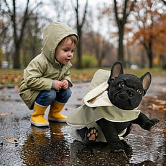 ASI Dolls - Nono The Bulldog with a green raincoat, child crouching on pavement, focused on the stuffed dog toy.