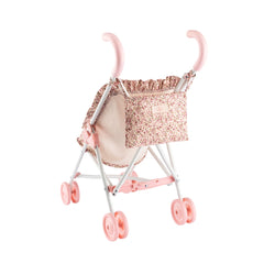 ASI Dolls stroller in floral beige with pink wheels, dual ruffled edges, and a matching bag for 30 cm dolls.
